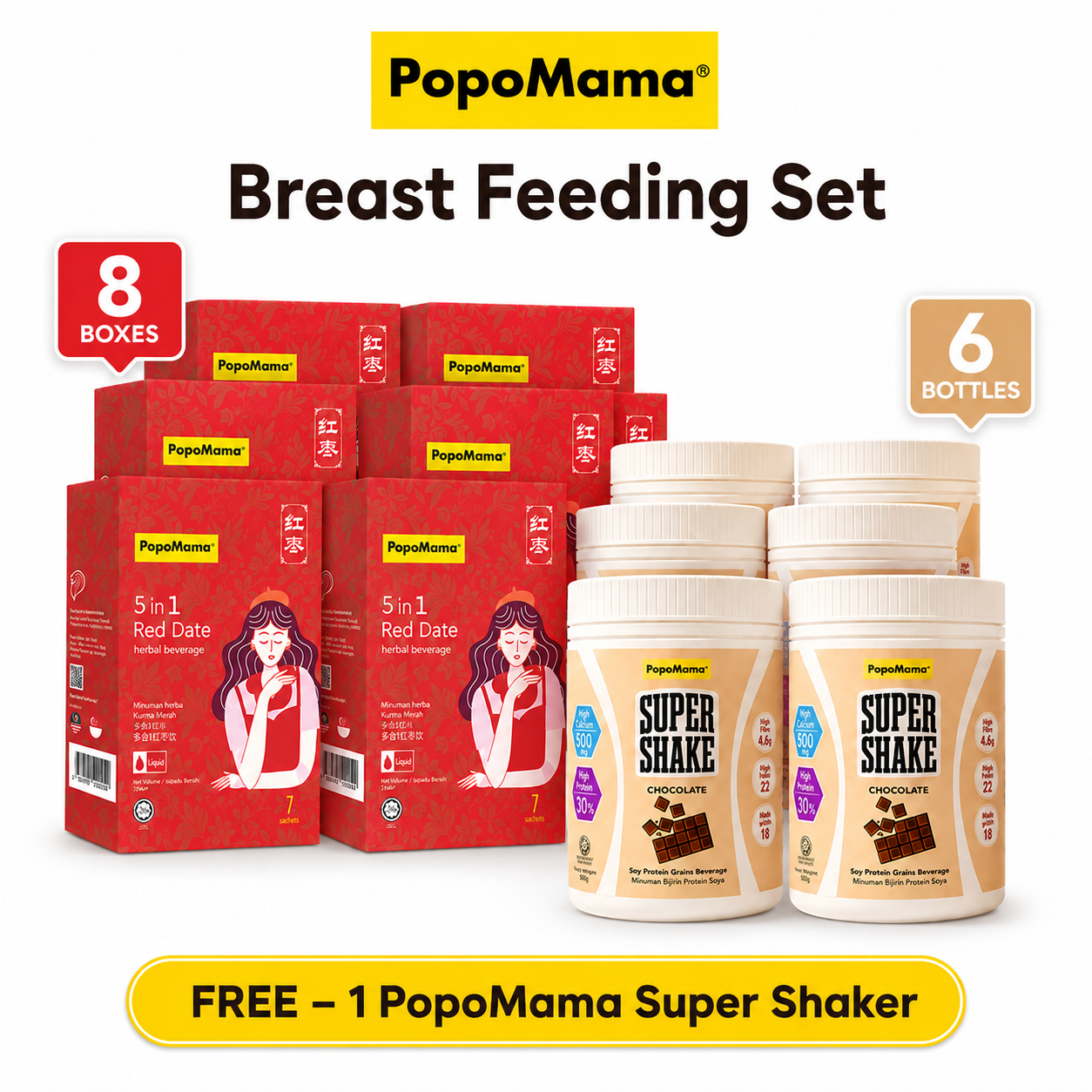 Breastfeeding Set (Daily 5 in 1 Red Date Botanical Beverage [8 Boxes] + Super Shake - Chocolate [6 Bottle])